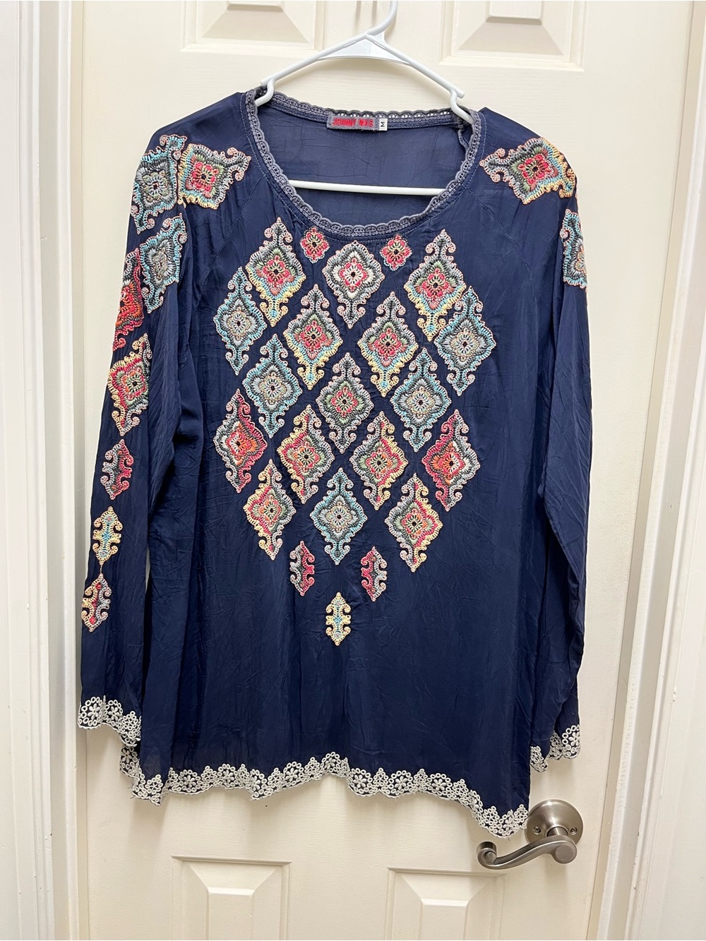 Embroidered Johnny Was Navy Long-Sleeve Top with Multicolor Medallions